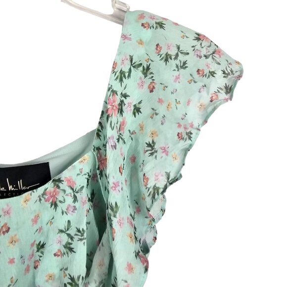 100% Silk Dress Sz 2 Asymm Chiffo Floral Ruffle Nicole Miller Flutter Sleeve $39 - Picture 12 of 16